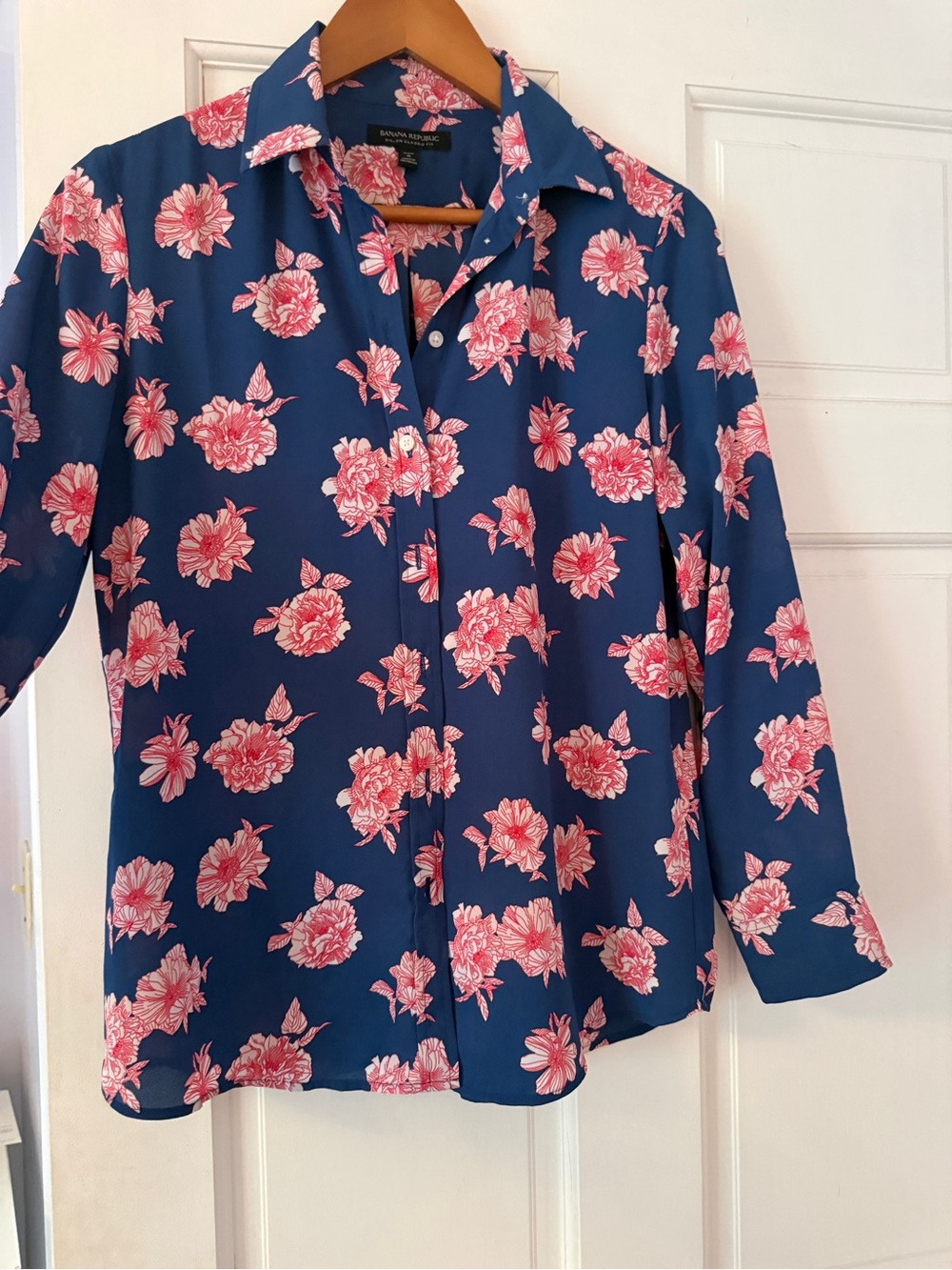 Banana Republic Navy Button-Down Shirt with Pink Floral Print